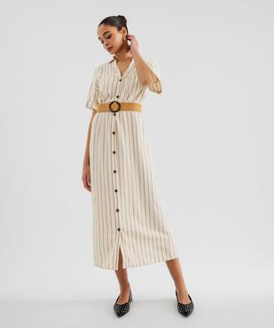Robe chemise longue en viscose et lin rayé femme - LuluCastagnette vue1 - LULUCASTAGNETTE - GEMO