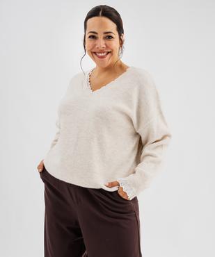 Pull col V en maille douillette avec finitions dentelle femme grande taille vue1 - GEMO 4G GT - GEMO