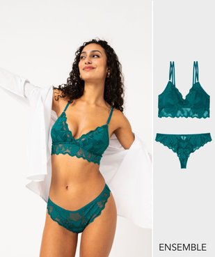 Ensemble soutien-gorge triangle et tanga dentelle vert canard - GEMO