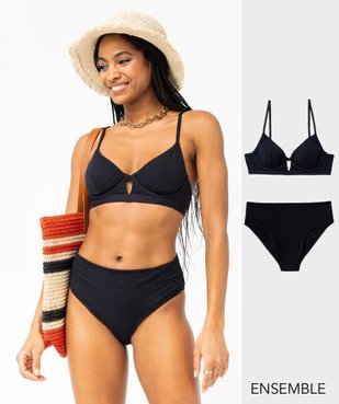 Ensemble de maillot de bain deux pièces noir en maille gaufrée pour femme - GEMO