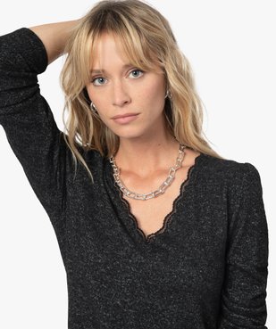 Pull femme en maille fine à col V en dentelle vue2 - GEMO(FEMME PAP) - GEMO