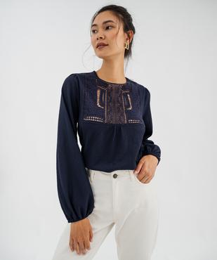 T-shirt manches longues uni avec plastron brodé femme vue1 - GEMO(FEMME PAP) - GEMO