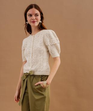 Gilet manches courtes en maille ajourée et dentelle femme vue2 - GEMO(FEMME PAP) - GEMO