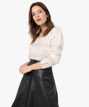 Pull femme avec rayures pailletées et col V dans le dos vue2 - GEMO(FEMME PAP) - GEMO