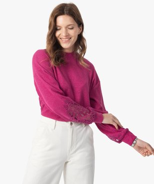 Tee-shirt femme court en maille côtelée avec manches brodées vue1 - GEMO(FEMME PAP) - GEMO