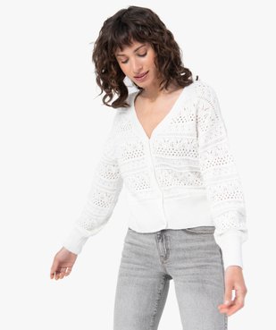 Gilet femme court à col V en maille ajourée vue1 - GEMO 4G FEMME - GEMO