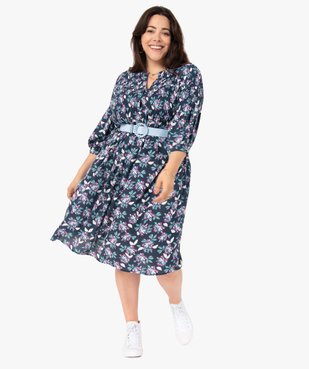 Robe femme grande taille imprimée à smocks et manches 3/4 vue1 - GEMO (G TAILLE) - GEMO