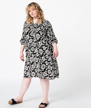 Robe femme grande taille imprimée à smocks et manches 3/4 vue1 - GEMO (G TAILLE) - GEMO