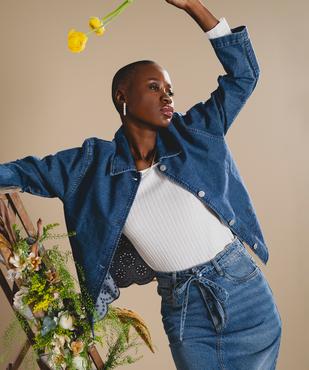 Veste en jean fluide avec motifs brodés ajourés femme vue1 - GEMO(FEMME PAP) - GEMO