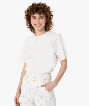 Tee-shirt femme à manches courtes avec grand col brodé vue1 - GEMO(FEMME PAP) - GEMO