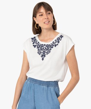 Tee-shirt femme avec broderie sous le col vue1 - GEMO(FEMME PAP) - GEMO