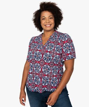 Tee-shirt femme à motifs fleuris et col V smocké vue1 - GEMO (G TAILLE) - GEMO