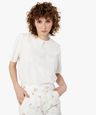 Tee-shirt femme à manches courtes avec grand col brodé vue2 - GEMO(FEMME PAP) - GEMO