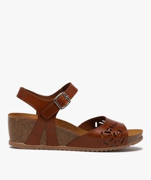 Sandales femme à talon compensé et bride en cuir ajouré vue1 - GEMO(URBAIN) - GEMO