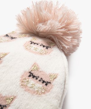 Bonnet à pompon imprimé chats bébé fille vue2 - GEMO 4G BEBE - GEMO