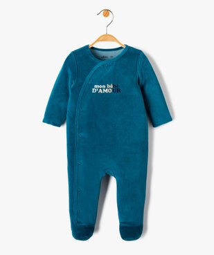 Pyjama bébé en velours avec ouverture devant et message brodé vue1 - GEMO(BB COUCHE) - GEMO