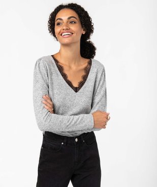 Tee-shirt femme à manches longues avec col V en dentelle contrastante vue1 - GEMO(FEMME PAP) - GEMO
