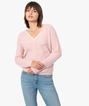 Pull femme avec col V en dentelle vue1 - GEMO C4G FEMME - GEMO