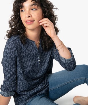 Tee-shirt femme imprimé à manches longues avec col boutonné vue1 - GEMO 4G FEMME - GEMO