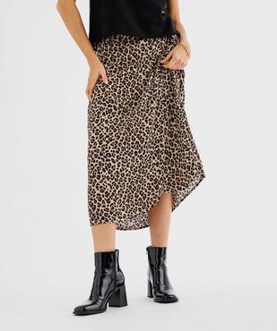 Jupe portefeuille longue en maille froissée imprimée léopard femme vue3 - GEMO 4G FEMME - GEMO