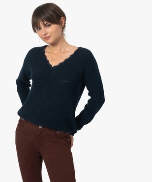 Pull femme avec col V en dentelle vue1 - GEMO C4G FEMME - GEMO