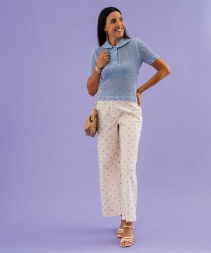 Pull manches courtes en maille ajourée à col Claudine boutonné femme vue4 - GEMO 4G FEMME - GEMO