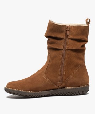 Boots fourrées femme à talon plat dessus cuir retourné uni vue3 - GEMO (CASUAL) - GEMO