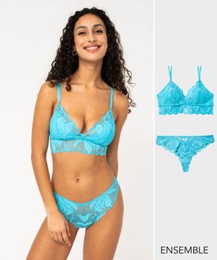Ensemble soutien-gorge triangle et tanga dentelle bleu pour femme - GEMO
