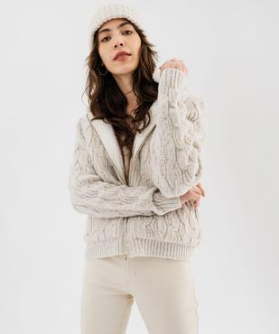 Gilet zippé à capuche en grosse maille torsadée et doublure sherpa femme - LuluCastagnette vue2 - LULUCASTAGNETTE - GEMO