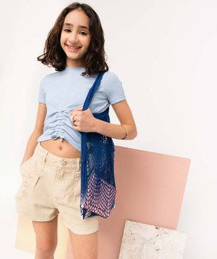 Tee-shirt fille en maille côtelée avec cordons coulissant sur l’avant vue1 - GEMO (JUNIOR) - GEMO