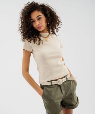 Tee-shirt manches courtes et col rond en maille côtelée femme vue1 - GEMO 4G FEMME - GEMO