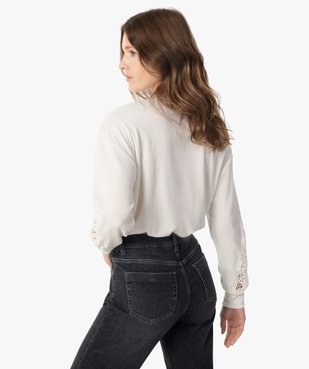 Tee-shirt femme court en maille côtelée avec manches brodées vue3 - GEMO(FEMME PAP) - GEMO