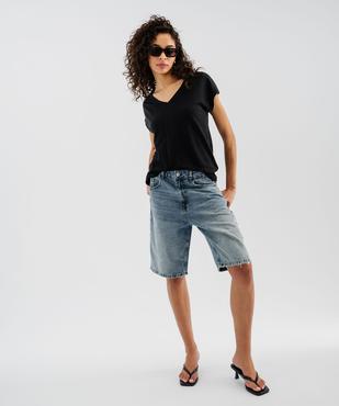 Tee-shirt manches courtes à col V coupe loose en lin femme vue4 - GEMO 4G FEMME - GEMO