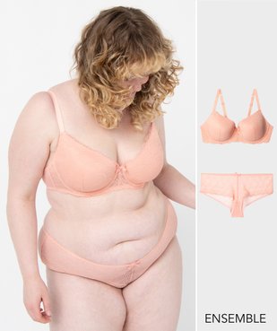 Ensemble lingerie rose avec soutien-gorge et shorty pour femme grande taille - GEMO