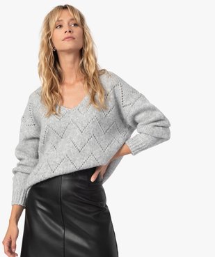 Pull femme en maille fantaisie avec grand col V vue2 - GEMO C4G FEMME - GEMO