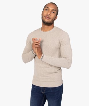 Pull homme à col rond en maille fantaisie et liserés au poignet vue1 - GEMO (HOMME) - GEMO