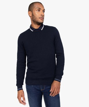 Pull homme à col rond en maille fantaisie et liserés au poignet vue1 - GEMO (HOMME) - GEMO