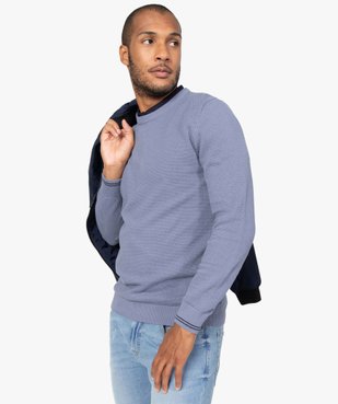 Pull homme à col rond en maille fantaisie et liserés au poignet vue1 - GEMO (HOMME) - GEMO