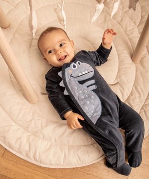 Pyjama bébé en velours imprimé dinosaure à fermeture ventrale vue1 - GEMO(BB COUCHE) - GEMO