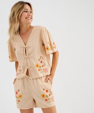 Haut de pyjama en coton avec motifs brodés femme vue1 - GEMO(HOMWR FEM) - GEMO
