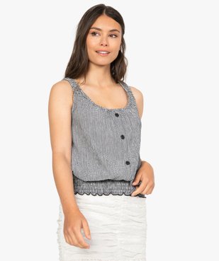 Tee-shirt femme sans manches en seersucker vichy et smocks vue1 - GEMO(FEMME PAP) - GEMO