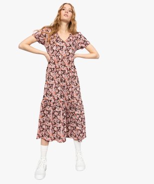 Robe longue femme à motifs fleuris et manches courtes ballon vue1 - GEMO(FEMME PAP) - GEMO