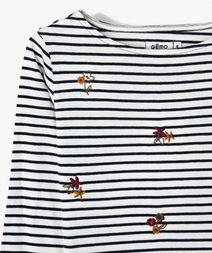 Tee-shirt fille rayé à manches longues avec broderies fleuries vue2 - GEMO (ENFANT) - GEMO