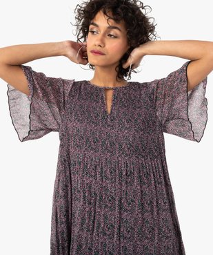 Robe femme imprimée en voile plissé à manches courtes vue2 - GEMO(FEMME PAP) - GEMO