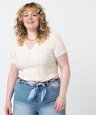 Tee-shirt femme grande taille à manches courtes en maille ajourée vue1 - GEMO (G TAILLE) - GEMO