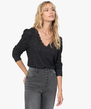 Pull femme en maille fine à col V en dentelle vue1 - GEMO(FEMME PAP) - GEMO