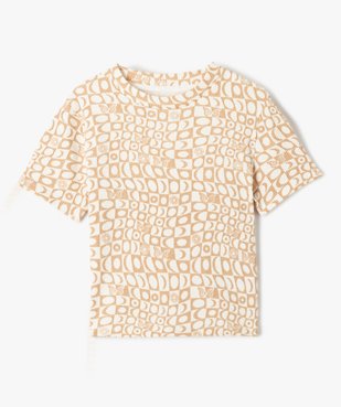 Tee-shirt fille à manches courtes imprimé en maille côtelée  vue1 - GEMO (JUNIOR) - GEMO