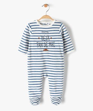 Pyjama bébé rayé en velours avec inscription brodée vue1 - GEMO(BB COUCHE) - GEMO