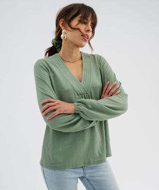 Tee-shirt à manches longues et col V en maille texturée femme vue1 - GEMO 4G FEMME - GEMO