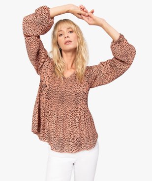 Blouse femme en voile plissé à motifs à manches longues vue1 - GEMO(FEMME PAP) - GEMO